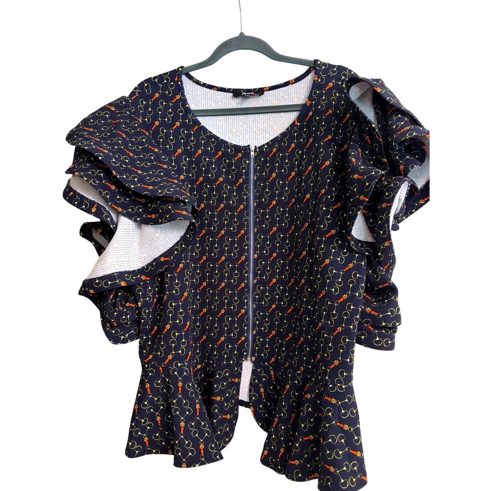 Impulse Ruffle Sleeve Peplum Top 3X Navy Equestrian, Bit Print, Plus Size, Zip